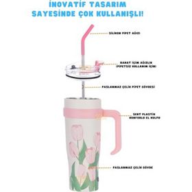 Diller 1200 ml Pembe Lale Desenli Tumbler Kulplu Paslanmaz Çelik Termos