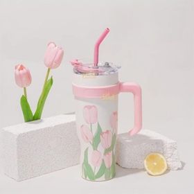 Diller 1200 ml Pembe Lale Desenli Tumbler Kulplu Paslanmaz Çelik Termos