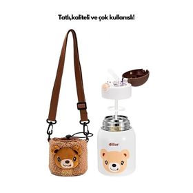 Diller 300 ml Ayıcık Sevimli Hayvanlar Peluş Kılıflı Boyun Askılı Çelik Termos