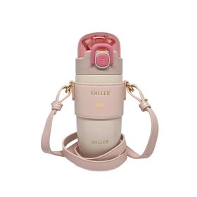 Diller 360 ML Pembe Moda Deri Kılıflı Pipetli Askılı Pastel Renkli Paslanmaz Çelik Termos
