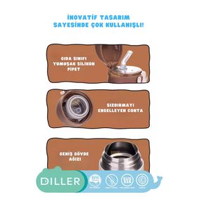 Diller 480 ML Bear Sevimli Hayvanlar Desenli Pipetli Kilitlenebilir Kapak Paslanmaz Çelik Termos