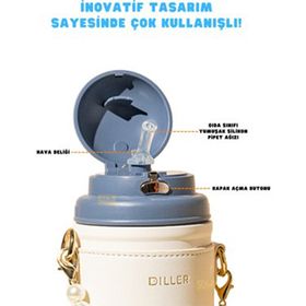 Diller 580 ML Lacivert Beyaz Moda Deri Kılıflı Inci Süslü Pipetli Askılı Paslanmaz Çelik Termos