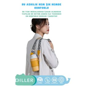 Diller 580 ML Lacivert Beyaz Moda Deri Kılıflı Inci Süslü Pipetli Askılı Paslanmaz Çelik Termos