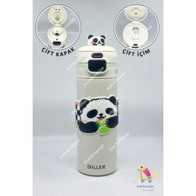 Diller 600 ml Sevimli Panda Çift Kapaklı Çelik Termos