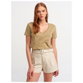 Dilvin 101A03470 Ekru V Yaka Basic Kadın T-shirt