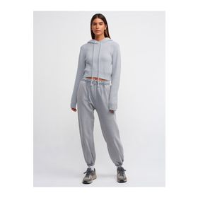 Dilvin 10486 Yumuşak Dokulu Kapşonlu Crop Gri Kadın Kazak