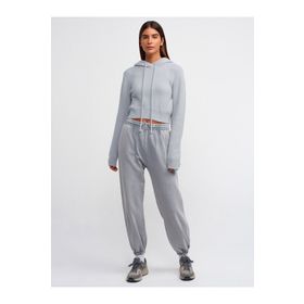 Dilvin 10486 Yumuşak Dokulu Kapşonlu Crop Gri Kadın Kazak