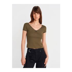 Dilvin 31798 Haki Kısa Kollu Büzgülü Top T-shirt