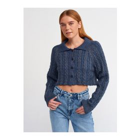 Dilvin 60203 Polo Yaka Düğmeli Simli Crop Triko İndigo Kadın Hırka