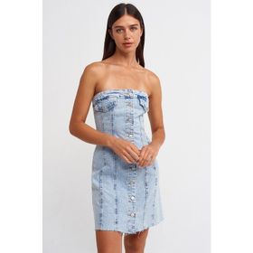 Dilvin 90524 Eteği Dikişsiz Kloş Mavi Denim Elbise