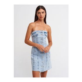 Dilvin 90524 Eteği Dikişsiz Kloş Mavi Denim Elbise