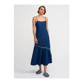 Dilvin 90526 Askılı Koyu Renk Lacivert Denim Elbise