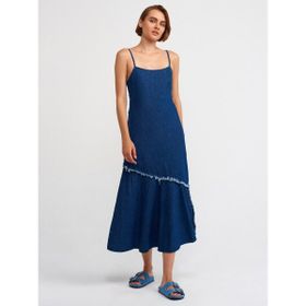 Dilvin 90526 Askılı Koyu Renk Lacivert Denim Elbise