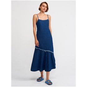 Dilvin 90526 Askılı Koyu Renk Lacivert Denim Elbise