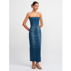 Dilvin 90535 Likralı Uzun Straplez Tint Denim Elbise