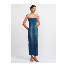 Dilvin 90535 Likralı Uzun Straplez Tint Denim Elbise