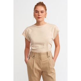 Dilvin Bisiklet Yaka Penye Bej Kadın T-shirt