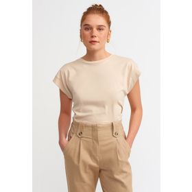 Dilvin Bisiklet Yaka Penye Bej Kadın T-shirt