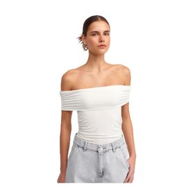 Dilvin Omuzları Açık Büzgülü Top Beyaz Kadın T-shirt