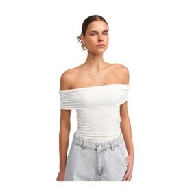 Dilvin Omuzları Açık Büzgülü Top Beyaz Kadın T-shirt