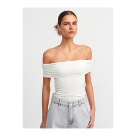 Dilvin Omuzları Açık Büzgülü Top Beyaz Kadın T-shirt