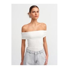 Dilvin Omuzları Açık Büzgülü Top Beyaz Kadın T-shirt