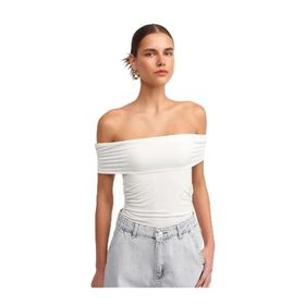 Dilvin Omuzları Açık Büzgülü Top Beyaz Kadın T-shirt