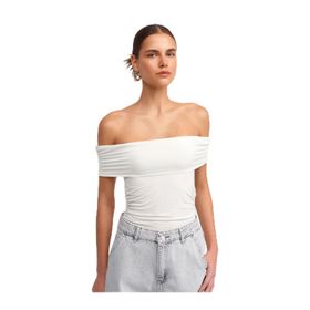 Dilvin Omuzları Açık Büzgülü Top Beyaz Kadın T-shirt