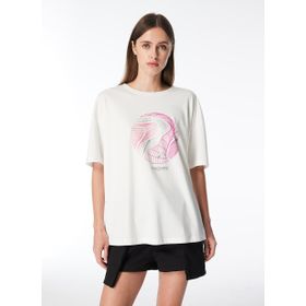 Discovery Expedition D4SL-TST3039 Beyaz Kadın Bisiklet Yaka Loose Fit Baskılı T-Shirt