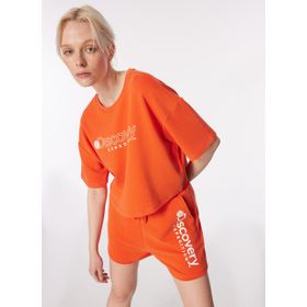 Discovery Expedition D4SL-TST3043 Nar Çiçeği Kadın Bisiklet Yaka Oversize Baskılı T-Shirt