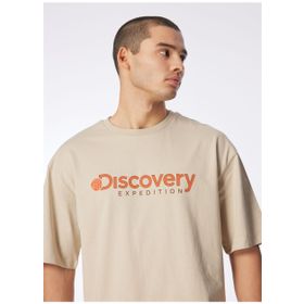 Discovery Expedition D4SM-TST3255 Bej Bisiklet Yaka Loose Fit Baskılı Erkek T-Shirt