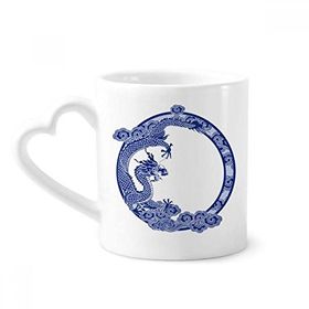 Dıythinker 12 oz Çin Kültürü Mavi Ejderha Çömlekçilik Seramik Kalp Saplı Kupa