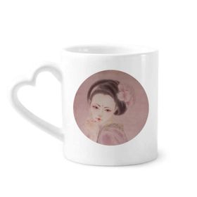 Dıythinker 12 oz Pembe Çin Geleneksel Güzellik Boyama Çömlekçilik Seramik Kalp Saplı Kupa
