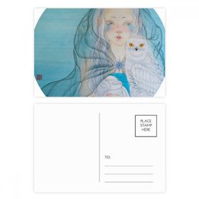 Dıythinker 14x9 cm 20 Adet Renkli Mavi Beyaz Baykuş Kız Çin Stili Suluboya Kartpostal Seti