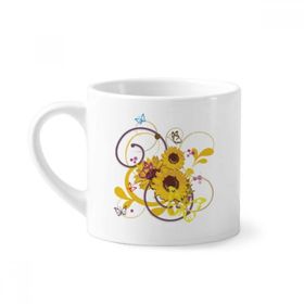 Dıythinker 170 ml Beyaz Bitki Çiçek Ayçiçeği İllüstrasyon Mini Kahve Seramik Kupa