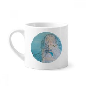 Dıythinker 170 ml Beyaz Mavi Beyaz Baykuş Kız Çin Stili Suluboya Mini Kahve Seramik Kupa