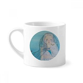 Dıythinker 170 ml Beyaz Mavi Beyaz Baykuş Kız Çin Stili Suluboya Mini Kahve Seramik Kupa
