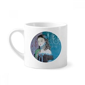 Dıythinker 170 ml Beyaz Mavi Klasik Kız Çin Stili Suluboya Mini Kahve Seramik Kupa