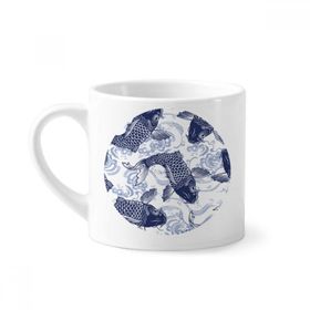 Dıythinker 170 ml Beyaz Sazan Dalgalı Mavi Desenli Japon Mini Kahve Seramik Kupa