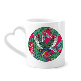 Dıythinker 340 ml Çiçek Kuş Yaprağı Pembe Gökyüzü Mutlu Seramik Kalp Saplı Kupa