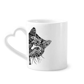 Dıythinker 340 ml Çizgi Çizim Siyah Kedi Kafası Hayvan Seramik Kalp Saplı Kupa