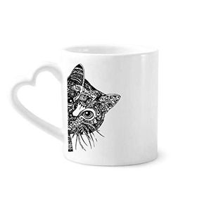 Dıythinker 340 ml Çizgi Çizim Siyah Kedi Kafası Hayvan Seramik Kalp Saplı Kupa