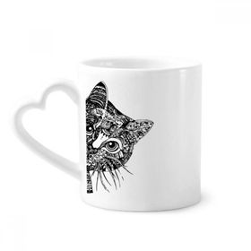 Dıythinker 340 ml Çizgi Çizim Siyah Kedi Kafası Hayvan Seramik Kalp Saplı Kupa