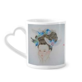 Dıythinker 340 ml Güzel Kız Mavi Kuş Çin Tablo Kahve Kupası