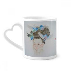 Dıythinker 340 ml Güzel Kız Mavi Kuş Çin Tablo Kahve Kupası