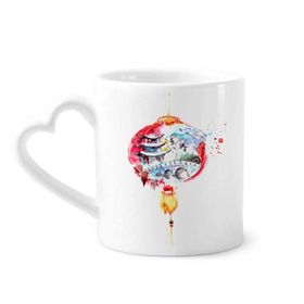 Dıythinker 340 ml Kalp Saplı Çin Çin Feneri Köprüsü Çizim Kahve Kupaları Seramik Kupa
