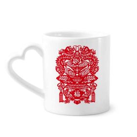 Dıythinker 340 ml Kalp Saplı Çin Kırmızı Ejderha Balık Yaprağı Desenli Kahve Kupaları Seramik Kupa