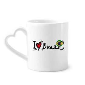 Dıythinker 340 ml Kalp Saplı I Love Brazil Kelime Bayrağı Aşk Kalp İllüstrasyon Kahve Seramik Kupa