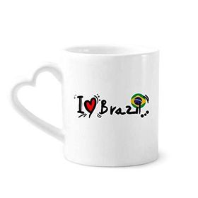 Dıythinker 340 ml Kalp Saplı I Love Brazil Kelime Bayrağı Aşk Kalp İllüstrasyon Kahve Seramik Kupa