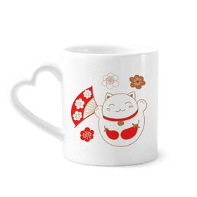 Dıythinker 340 ml Kalp Saplı Japan Lucky Fortune Kedi Çiçek Bakır Kahve Seramik Kupa